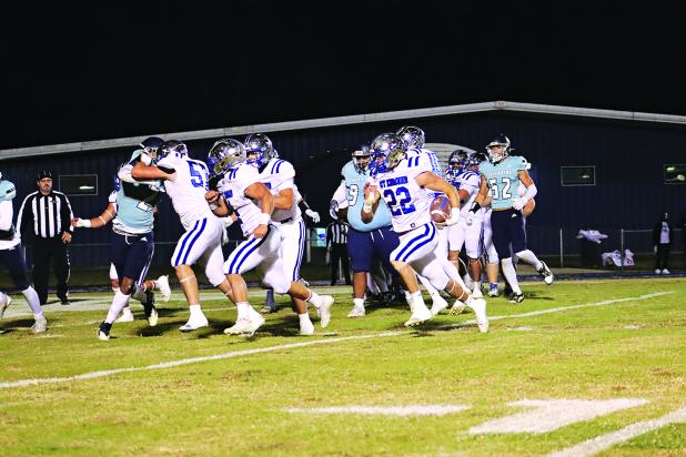 St. Edmund Blue Jay Wyatt Dubois, wide receiver and safety, runs the ball Friday evening against Westminster. The St. Ed Blue Jays lost 52-22 to Westminster Christian Academy in the Division IV Select quarterfinals at Crusader Field. (Photo by Amy Myers)