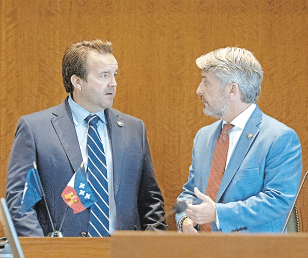 Louisiana Speaker of the House Phillip DeVillier, R-Eunice, left, and Senate President Cameron Henry, R-Metairie, speak in the Louisiana House of Representatives on the opening day of a legislative special session, Nov. 6 at the Louisiana State Capitol in Baton Rouge (Hilary Scheinuk/The Advocate, Pool) 