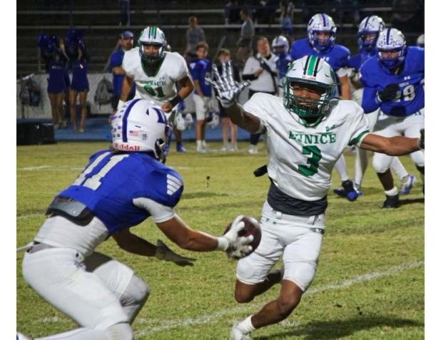 Eunice High Linebacker Tyler Collins tries to stop a pass from being completed. (Photo by Sports Editor Rhett Manuel)
