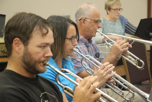 The Eunice Community Concert Band, Community Choir & Children’s Choir have been busy rehearsing for their annual Christmas Concert scheduled at 7 p.m. Thursday and Friday at  the First Baptist Church of Eunice, Park Avenue and 3rd Street. Rehearsing Nov. 26, from left, are John Havard, Cindy Mouton, James Naquin and Connie Beaugh. (Photo by Harlan Kirgan)