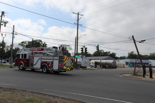 Shortly before 11 a.m. Monday, a wreck occurred at the intersection of South CC Duson and Maple Avenue, resulting in damage to a power pole. The Eunice Fire Department as well as the Eunice Police Department responded to the scene. (Photo by Myra Miller)