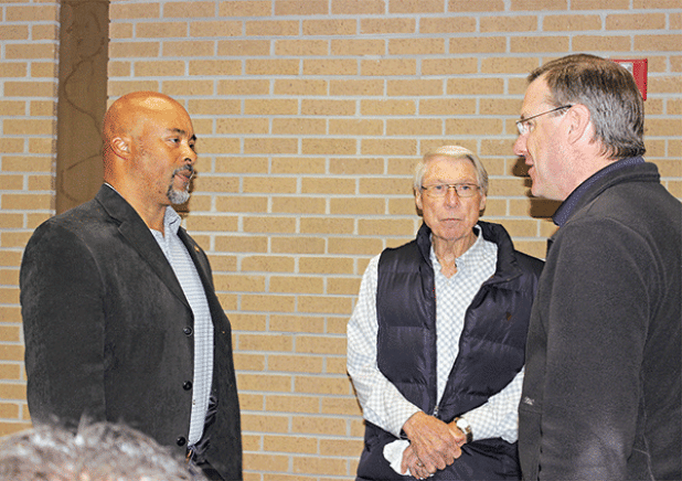 At the Eunice Rotary Club meeting, from left, are speaker Linus Jordan, and club members Donald Mayeux and Dwight Jodon. (Photo by Myra Miller)