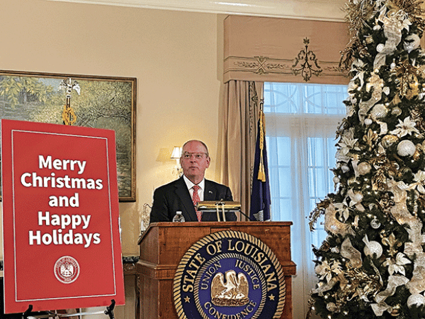 Louisiana Gov. John Bel Edwards gives his annual end-of-year press conference at the Governor’s Mansion. (Photo by Piper Hutchinson/Louisiana Illuminator)