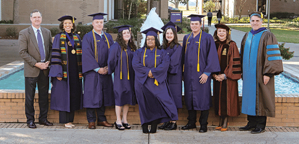Graduating Summa Cum Laude honors with a grade point average of 3.8 to 4.0 are, from left, Tyler Thibodeaux, Haley Marie Harrison Lange, Wilda Agnus Boutte, Maria Diane Gallent-Smilie, Adam Scott Dore.  The graduates are pictured with, from left, Dwight Jodon, Chancellor’s Medal recipient; Valencia Sarpy Jones, LSU Board of Supervisors chairperson; Dr. Nancee Sorenson, LSU Eunice chancellor; Dr. John Hamlin, vice chancellor of Academic Affairs. (Photos courtesy of LSUE)
