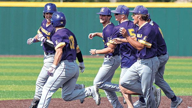 Tyson LeBlanc, left, is met by teammates after driving in the game-winning run against Delgado CC on Sunday as LSUE .Baseball continued its 2025 trend of late game theatrics, winning their regular season finale 6-5 against Delgado CC in extra inning walk-off fashion on Sunday. LeBlanc capped off his sophomore season with a walk-off winner in the final home game of the season. (LSUE photo)