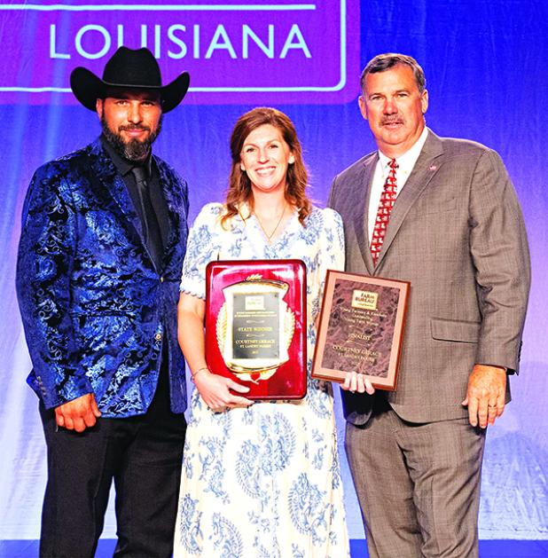 Louisiana Farm Bureau Young Farmers and Ranchers Chair Nicholas Gerace, Outstanding Young Farm Woman Courtney Gerace and Louisiana Farm Bureau President Richard Fontenot. (Submitted photo) 