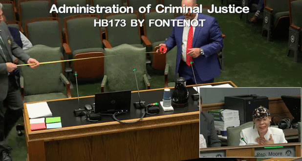 Rep. Bryan Fontenot measured off the 25 feet that his bill would let police officers demand from bystanders.  Photo credit: Madison Maronge/LSU Manship School News Service