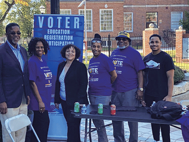 From left, Rev. Dr. Gregory Eason, First Lady Linda Eason, Cheryl Lowery, Deitra Johnson, Sgt. James Hall and a student from Clark Atlanta University at a student voter registration event in Atlanta. (Photo courtesy of Deitra Johnson)