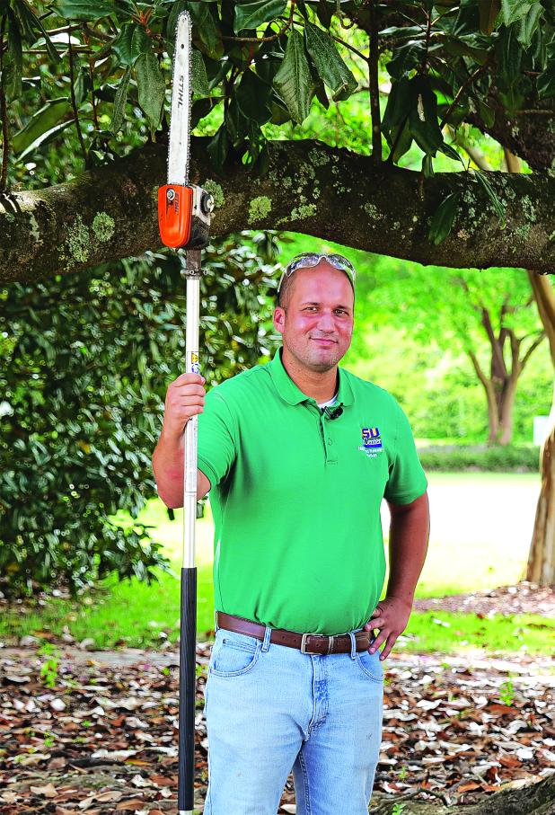 Damon Abdi, LSU AgCenter assistant professor of landscape horticulture, recommends using the three-cut method to remove tree branches. Photo by Randy LaBauve/LSU AgCenter