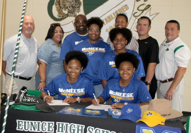 Eunice High School seniors Allison Freeman and Madison Freeman signed a letter of intent with McNeese State University to join the university’s track and field team. Allison was rewarded with an academic and athletic scholarship, and Madison was awarded with a partial athletic and academic scholarship. Allison will pursue a degree in mechanical engineering and Madison will pursue a nursing degree. The Freemans are the daughters of Brandon and Kimberley Freeman of Eunice. Seated, from left, are Madison Freem