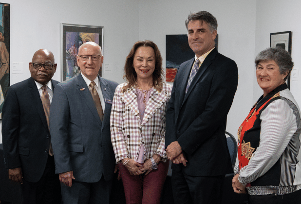 From left, are LSUA College of Allied Heath Dean Haywood Joiner, Ph.D.;  Paul Coreil, Ph.D., LSUA chancellor;  LSU Eunice Chancellor Nancee Sorenson, Ph.D.;  Dr. John Hamlin, vice chancellor for Academic Affairs; and Dottie McDonald, LSU Eunice dean of Health Sciences and Business Technology. (Photo by Nathan Parish/LSUA)