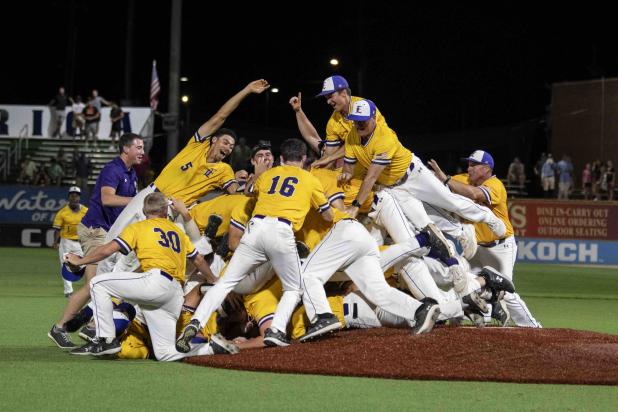 A six-run eighth inning helped turn a tight contest into a rout as LSU Eunice Baseball secured its eighth NJCAA Division II National Championship in a 9-3 win over Brunswick CC on Saturday at David Allen Memorial Ballpark.  The Bengals (56-8) eight National Championships are the most in NJCAA Division II history, and the second most in NJCAA history.  (LSUE photo)