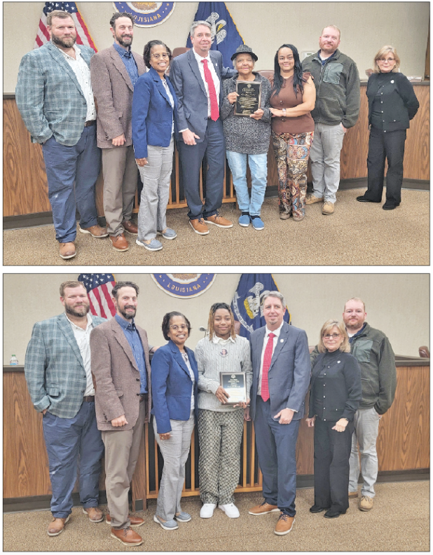 Two locals were honored by the Eunice mayor and board of aldermen and alderwomen for their service in the Eunice community. (Above) Pictured, from left, are Stan Feucht, City of Eunice attorney, Alderman Chad Andrepont, Alderwoman Germaine Simpson, Mayor Scott Fontenot, Elizabeth Reed Guillory, recipient of the Municipal Service Award, her granddaughter, Erika Godfrey, Alderman “Randy” Reed and Alderwoman Connie Thibodeaux. (Below) The mayor and board of alderman with Detrell Thomas, Community Service and A