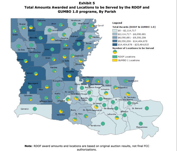 The above map shows the total amounts awarded and number of locations to be served by the RDOF and GUMBO 1.0 programs, by parish. (Image source: Louisiana Legislative Auditor’s Office)