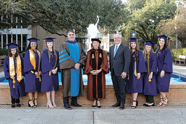 Summa cum laude, 3.8-4.0 GPA graduates, from left, are  Mya Velasquez; Jade Hickman; Nicole Thibodeaux; Dr. John Hamlin, LSU Eunice vice chancellor for academic affairs and provost; Dr. Nancee Sorenson, LSU Eunice chancellor; U.S. Eastern District Judge Darrel J. Papillion; Taylor Doughty; Abbie Delaune; and Destiny Allison. (Submitted photo)