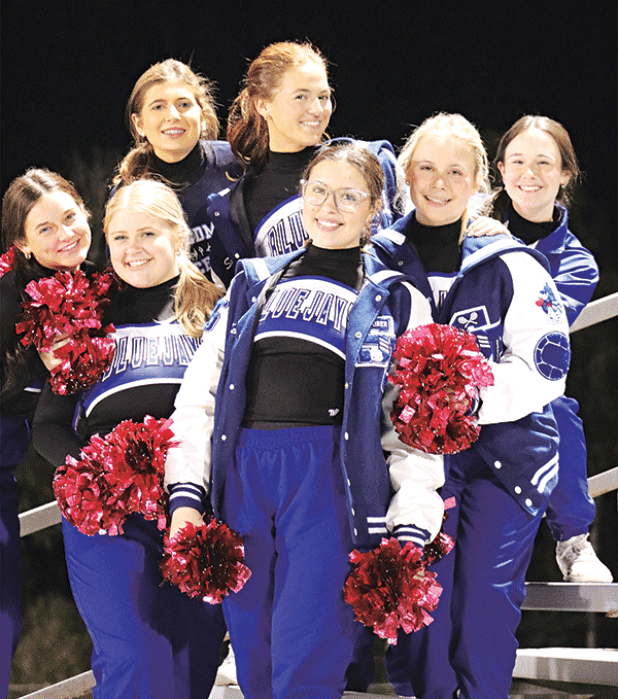 St. Edmund Blue Jay dancers at the game with Sacred Heart of Ville Platte on Oct. 18, from left, are Emma Myers (co-captain), Lauren Bearb (captain), Audrey Rachal, Stella Summerlin, Kennadi Thibodeaux, Ava Lafleur and Ruby Durham (Photo by Amy Myers)