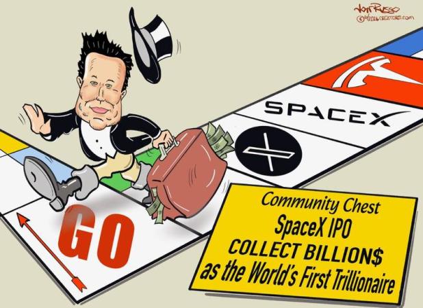 Elon Musk being depicted in Monopoly Cartoon 