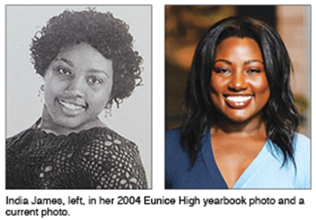 India James, left, in her 2004 Eunice High yearbook photo and a current photo. (Submitted photo)