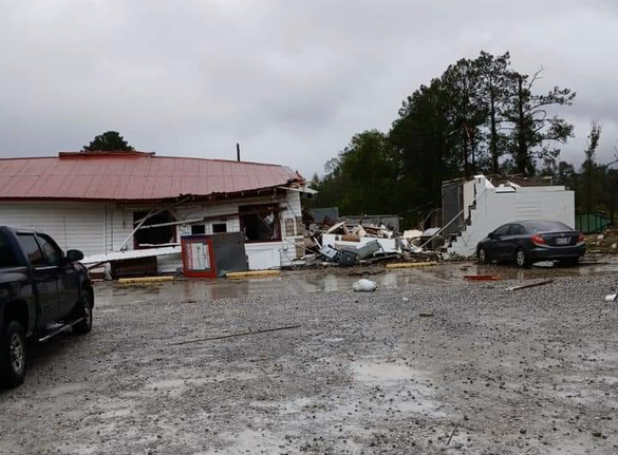 An F1 tornado tore through the meat preparation room of Rhea’s Specialty Meats and Smokehouse, located on the north side of U.S. 190 just west of Basile’s town limits at about 8 a.m. Tuesday. (Photo by Darrel Lejeune)