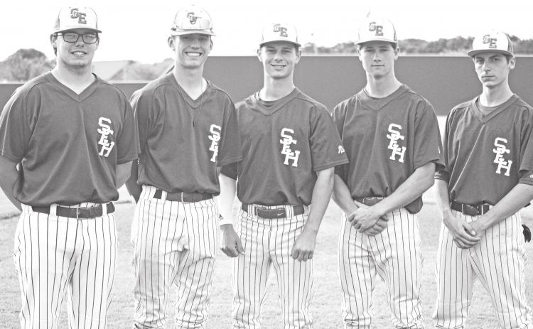 The St. Edmund baseball seniors were honored before Thursday’s game. From left, are Remi Guillory, Henry Brown, Wesley Driggs, Gus Brown and T.J. Deshotel. Senior Branden Albarado was not able to attend the ceremony. (Photo by Tom Dodge)