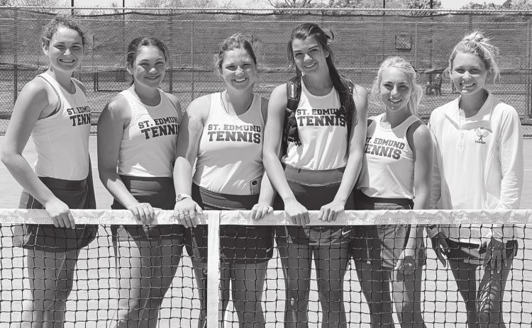 Three St. Edmund girls doubles teams qualified for the state tennis championships to be held in Monroe. From left, are Julia Zaunbrecher, Anna Fruge, Greta Miller, Savannah DeVillier, Tanzy Miller and Allie Lantz. Not shown is Susannah Summerlin who qualified in girls singles. (Submitted Photo)
