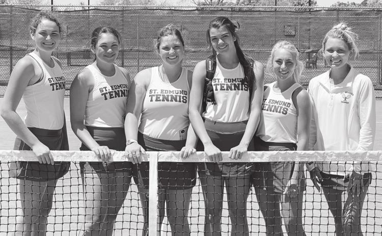 Three St. Edmund girls doubles teams qualified for the state tennis championships to be held in Monroe. From left, are Julia Zaunbrecher, Anna Fruge, Greta Miller, Savannah DeVillier, Tanzy Miller and Allie Lantz. Not shown is Susannah Summerlin who qualified in girls singles. (Submitted Photo)