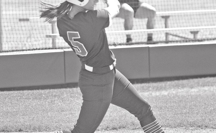 LSU Eunice’s Karli Fontenot connects for a home run against BRCC. (Photo by Tom Dodge)