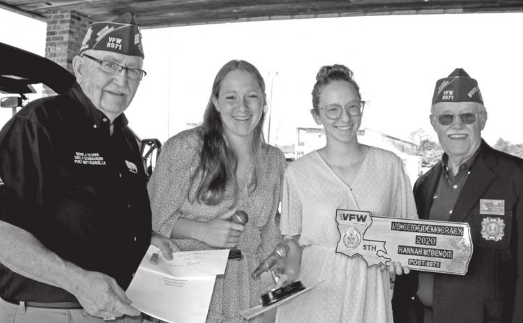 Rebecca Benoit and Hannah Benoit, both seniors at St. Edmund High, placed in the VFW and Auxiliary sponsored Voice Of Democracy contest. Rebecca placed second and Hannah placed first. From left, are Gene Olivier, Rebecca Benoit and Hannah Benoit, and Don Reber. Hannah Benoit advanced to district and placed first and fifth place at state. (Photos by Myra Miller)