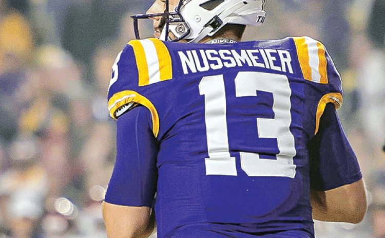 Quarterback Garrett Nussmeier in 37-17 win against Oklahoma on Nov. 30. Nussmeier passed for 277 yards and three touchdowns, including a pair of 40-plus-yard scoring strikes. (Photo by Dwight Jodon)