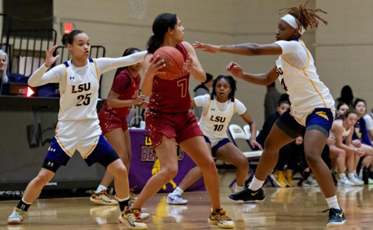 Simone Clay (25) and Markiyah Jefferson (4) trap a Jones ballhandler during LSUE’s victory on Thursday.