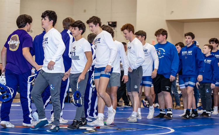 Blue Jay wrestlers and Opelousas Catholic Vikings after hosting a tri-dual, which included Rayne on Jan. 8. (Photo by Dwight Jodon)