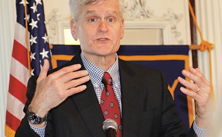 U.S. Sen. Bill Cassidy speaks at a Eunice Rotary Club meeting on Wednesday. (Photo by Harlan Kirgan)