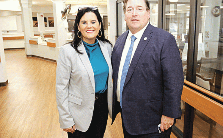 Eunice Manor administrator Nickie Toups and Lt. Gov. Billy Nungesser in the nursing home on Tuesday. (Photo by Harlan Kirgan)