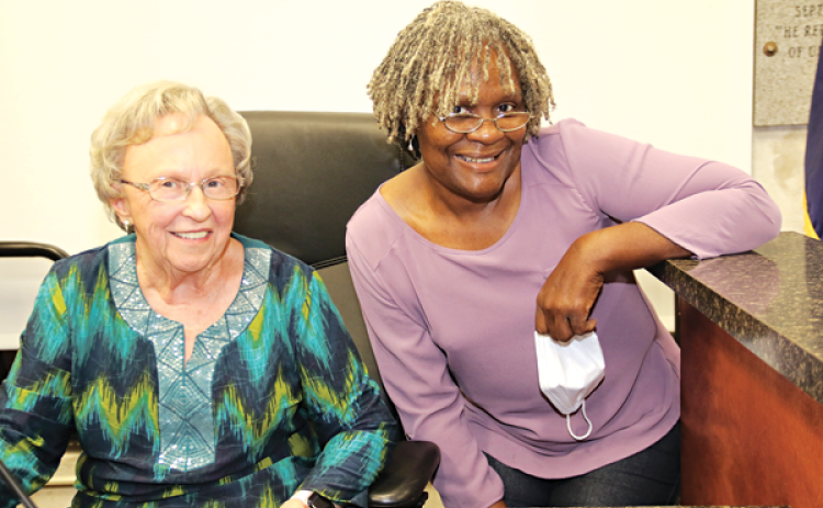 From left, Vivian Olivier and Nancy Carriere made history at Wednesday’s St. Landry Parish Council meeting. Olivier, of District 8, was elected Council chairwoman and Carriere, of District 2, was elected vice chairwoman. According to Council member Wayne Ardoin it is the first time both leadership positions have been held by women. This is the second time the two-term Council members have held leadership positions. Olivier is a Sunset resident and Carriere lives in Opelousas. (Photo by Harlan Kirgan)