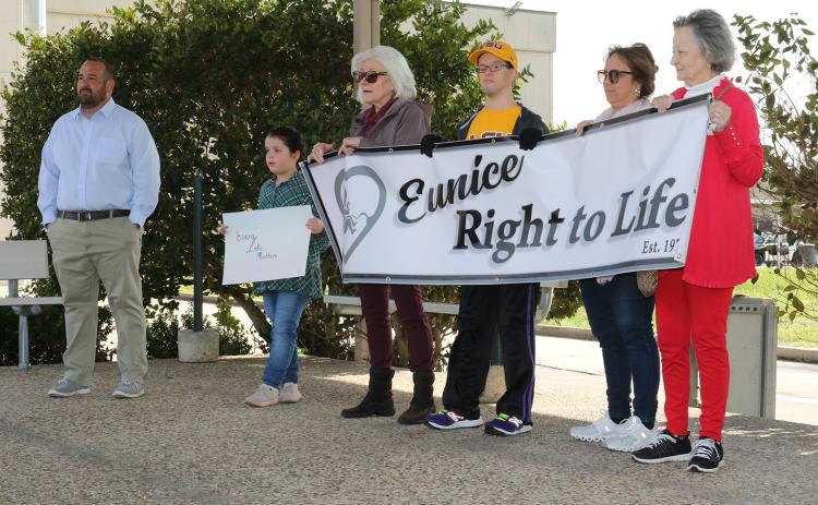 Eunice Right to Life held its annual Walk for Life on Sunday. From left, are Travis Turner, Abigail Miller, Phyllis Peré, Mark Caswell, Connie Landreneau  and Sharon Fontenot in front of the Eunice Municipal Complex.   (Photo by Harlan Kirgan)