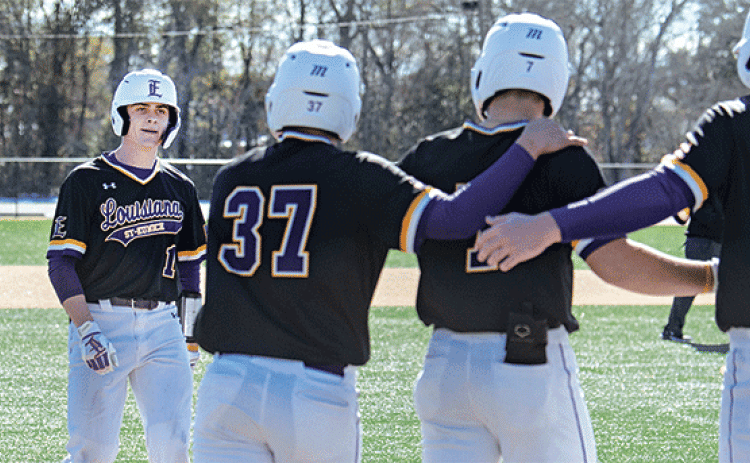 Aidan Mouton arrives at home plate to celebrate a grand slam vs. North Lake College. (LSUE photo)
