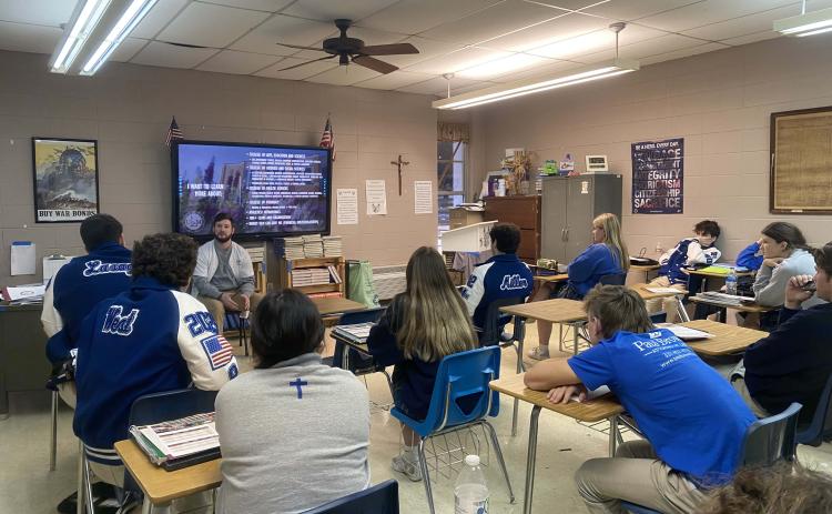 Kole Grouvillia, enrollment services specialist at UL of Monroe, presented to St. Edmund High juniors some valuable and information information about the campus.