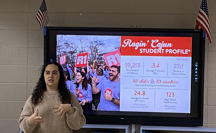 Camille Bourque, Admissions Counselor from University of Louisiana at Lafayette, presented and discussed different topics to juniors at St. Edmund High.