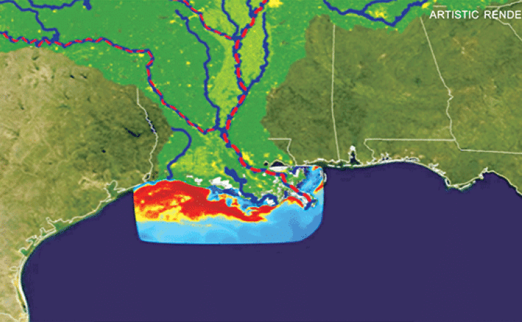 An illustration shows how runoff from river basins leads to hypoxic “dead zones” in the Gulf of Mexico. (National Oceanic and Atmospheric Administration video capture)