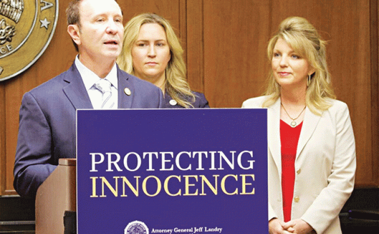 Louisiana Attorney General Jeff Landry, left, has called for legislation to restrict what children and teens  can check out from public libraries. State Rep. Julie Emerson, center, and Sen. Health Cloud will carry bills to achieve those objectives in the regular session that starts April 10. (Photo by Remi Tallo/Louisiana Illuminator)