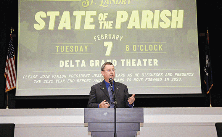 St. Landry President Jessie Bellard presents the State of the Parish program Tuesday at the Delta Grand Theatre. (Photos by Harlan Kirgan)