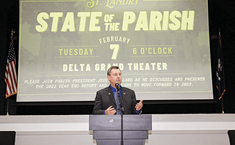 St. Landry President Jessie Bellard presents the State of the Parish program Tuesday at the Delta Grand Theatre. (Photos by Harlan Kirgan)