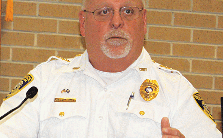 Eunice Police Chief Kyle LeBouef speaks at Wednesday’s Eunice Rotary Club meeting on his first year  in office. (Photo by Myra Miller)