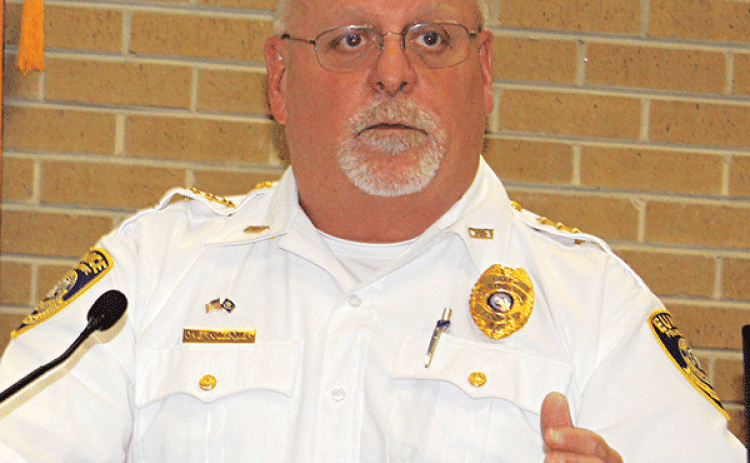 Eunice Police Chief Kyle LeBouef speaks at Wednesday’s Eunice Rotary Club meeting on his first year  in office. (Photo by Myra Miller)