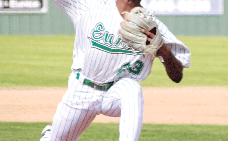 Sophomore pitcher Malik Thomas worked all three innings in Eunice’s 6-1 win over Glenmora in the first game of two for the Bobcats in Saturday’s Perry Pitre Ford Jamboree. (Photo by Rhett Manuel)