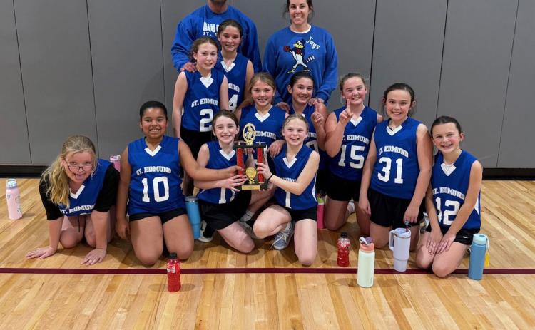 St. Edmund basketball teams earned League Championships on Feb. 5. Fifth grade girls included Amelia Wilson, Chloe Glaze, Amelia Daggett, Amelie Vidrine, Annastyn Fruge, Camille Fontenot, Aubrey Zaunbrecher, Mary Grace Brown, Lillian Habetz, Anne Marie Bourgeois, Maria Wimberly and Coaches Gabriel Bourgeois and Ceslie Habetz. (Submitted photos)