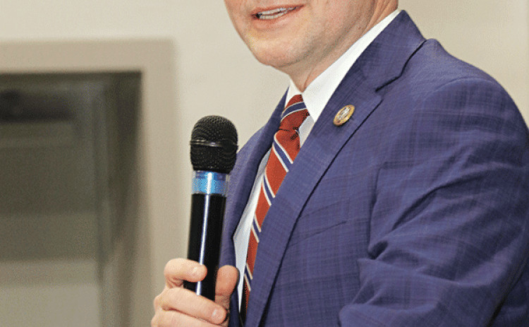 U.S. Rep. Mike Johnson speaks at a town hall meeting in Opelousas in February 2023. (Photo by Harlan Kirgan)