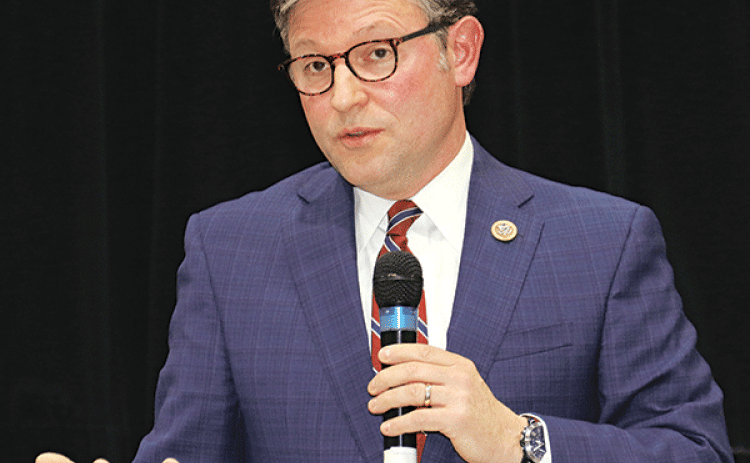 U.S. Rep. Mike Johnson during a town hall meeting at the Delta Grand Theater in Opelousas in February 2023. Johnson was elected last week at House speaker. (Photo by Harlan Kirgan)