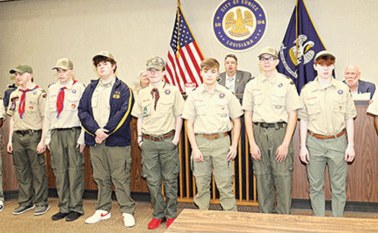 Boy Scout Troop 425 was recognized at the Feb. 14 Eunice Board of Aldermen meeting for its repair work at the Eunice Depot Museum. The scouts sealed the ramp and deck on Feb. 5. Scouts, from left, are Dreylan Babino, Caden Schoeffler, Jared Joyce, Noah LeJeune, Eli Manuel, Andrew Fontenot, Devan Joyce and Bryson Higginbotham. Scout Gage McGee was unable to attend the council meeting, but contributed significantly to the project, stated  Council Chair Matthew Schoeffler. Brandon McGee is the scoutmaster. Sho