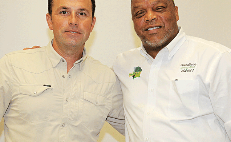 The new St. Landry Parish Council leadership team, from left, Coby Clavier, vice chairman, and Jerry Red, chairman, were elected at Wednesday’s Council meeting in Opelousas. (Photo by Harlan Kirgan)